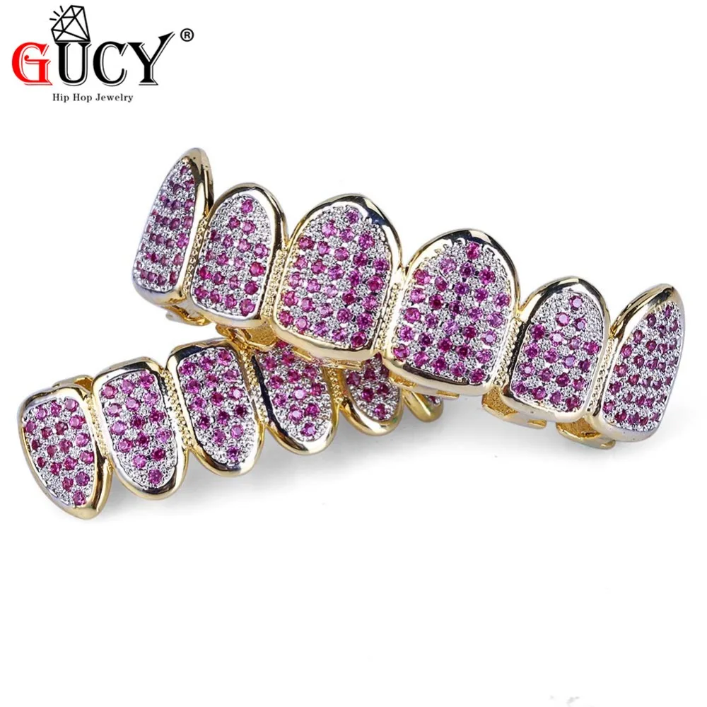 GUCY Gold Hip Hop Teeth Grillz Micro Pave Fuchsia CZ Stone Iced Out Top&Bottom Grills Set Vampire Teeth Caps Mouth Jewelry Party