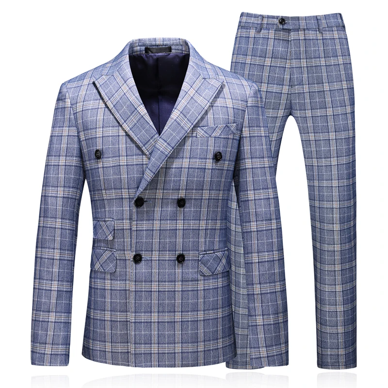 Мужской деловой повседневный костюм в клетку+ брюки+ жилет, комплект из трех предметов, высококачественный Классический мужской костюм/двубортный модный костюм жениха - Цвет: Light blue