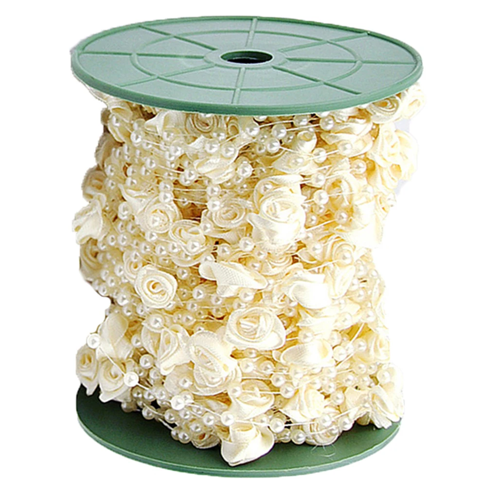 10M Rose Pearl String Ribbon Wrap Bridal Wedding Bouquet Garland