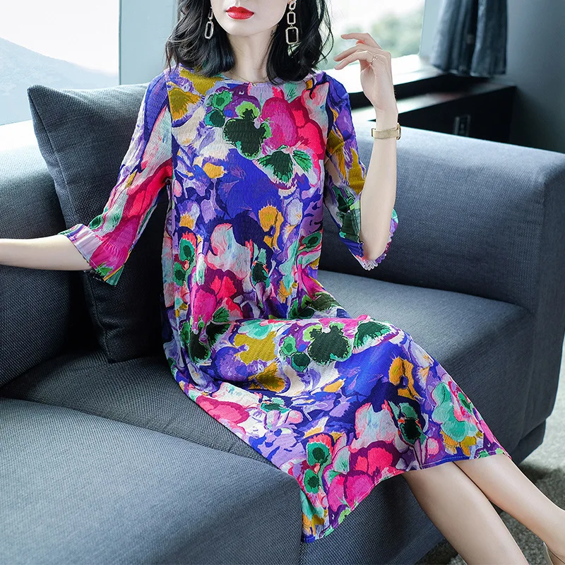 LANMREM Ink Printing Round Neck Five-point Sleeve Dress Casual Simple Fashion Loose Plus Women Spring New TC825
