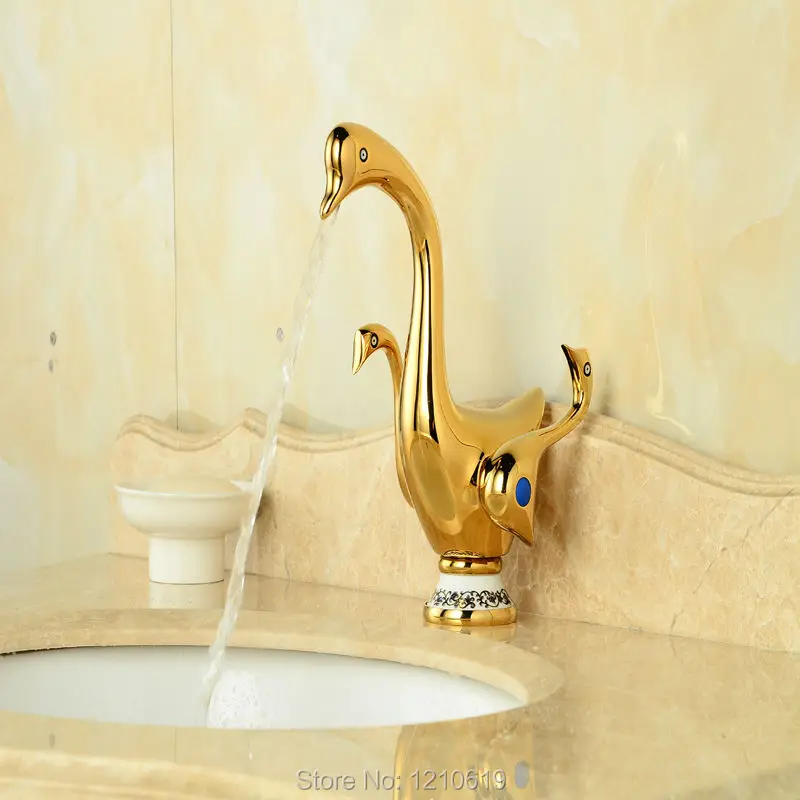 

Newly Duck Style Basin Faucet Sink Mixer Faucet Gold Polished Bathroom Vessel Tap Dual Handles One Hole