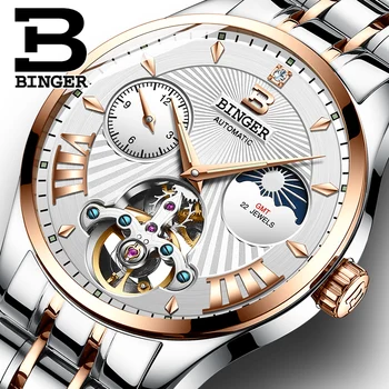 

Skeleton watch Switzerland BINGER Tourbillon Watch men Moon Phase Sapphire Waterproof Luminous Full steel Mechanical Watches Men