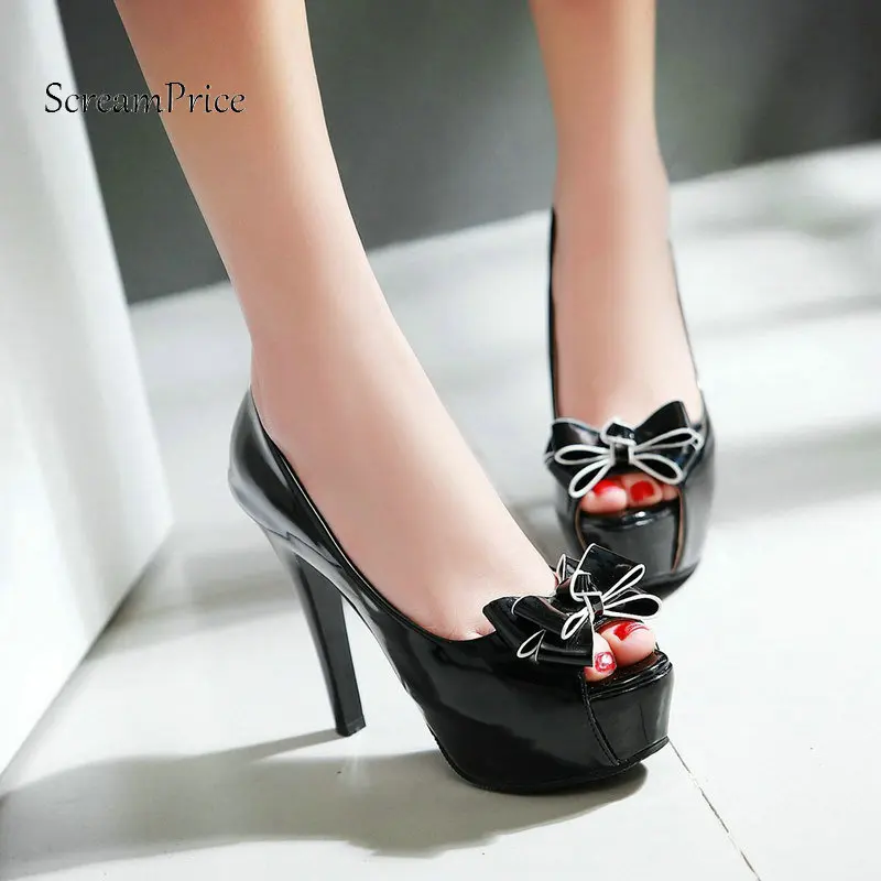 

Woman Peep Toe Platform Square High Heel High Heel Shoes Fashion Bow Knot Dress Lazy Pumps Black Red White