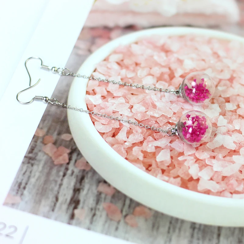 Серьги с высушенным цветком стеклянные шарики фантазия DIY Ушные линии #