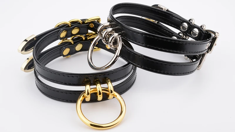 Classic Caged Frame Collar Hand Crafted PU Leather Cut Out Frame Choker Gothic Gold Metal O Round Shape Necklace Women