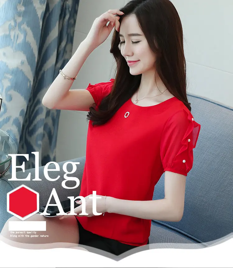 2018 Newest Beading Top Ladies Chiffon Blouse Women Tops O-neck Short Sleeve Femme Shirts Summer Red Blusas Mujer Verano Moda (2)