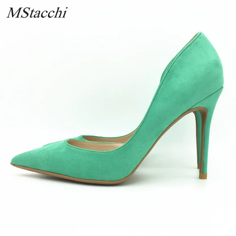 

Mstacchi New Style Pumps Women Shoes Green Flock Slip-On Shallow Wedding Party Thin Heel Shoes Woman Pointed Toe High Heels Pump