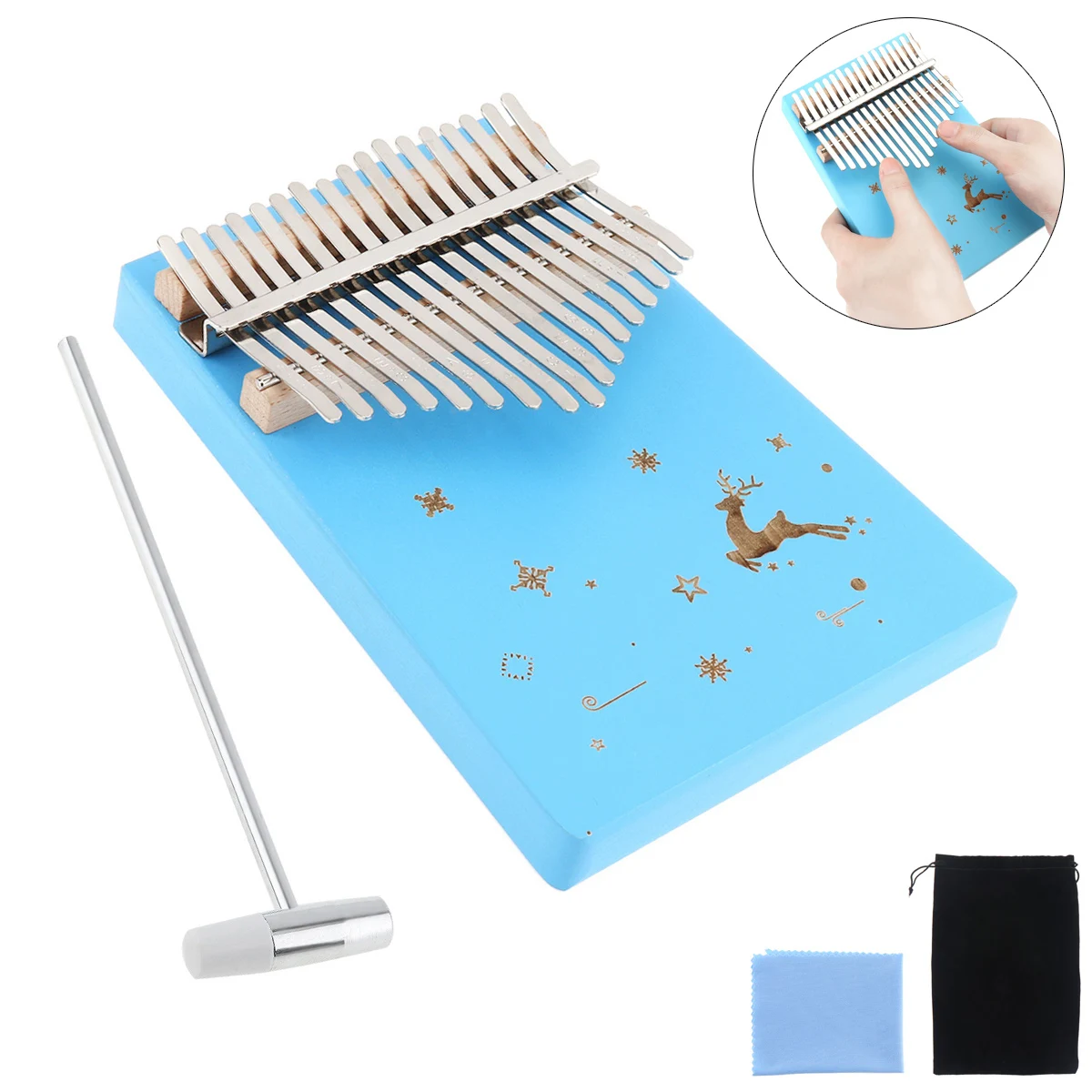 

17 Keys Thumb Piano Kalimba Blue Reindeer Snow Pattern Solid Single Board Pine Mbira Mini Keyboard Instruments