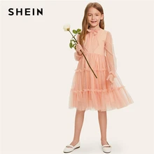 SHEIN/детское розовое нарядное платье в горошек с оборками и бантом для девочек, коллекция года, весенние милые детские платья трапециевидной формы с длинными рукавами для девочек