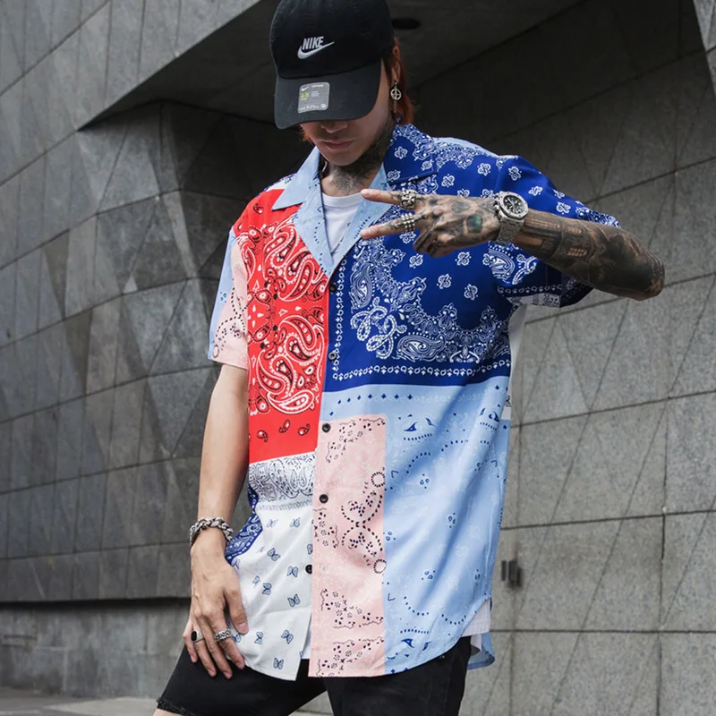 Male Vintage Pattern Streetwear Loose Shirt Men High Street Hip Hop