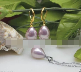 

.367 A Set Genuine 12x16mm Purple South Sea Shell Pearl Drop Earrings Necklace