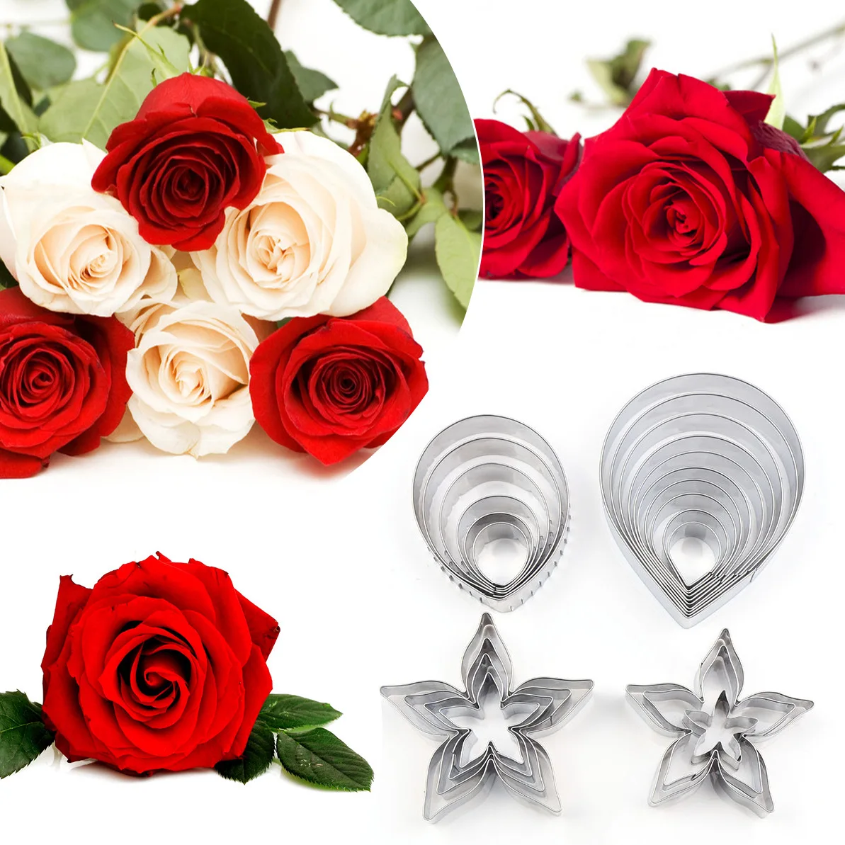 23pcs Rose Cookie Cutters Stainless Steel Rose Petal & Leaf Biscuit