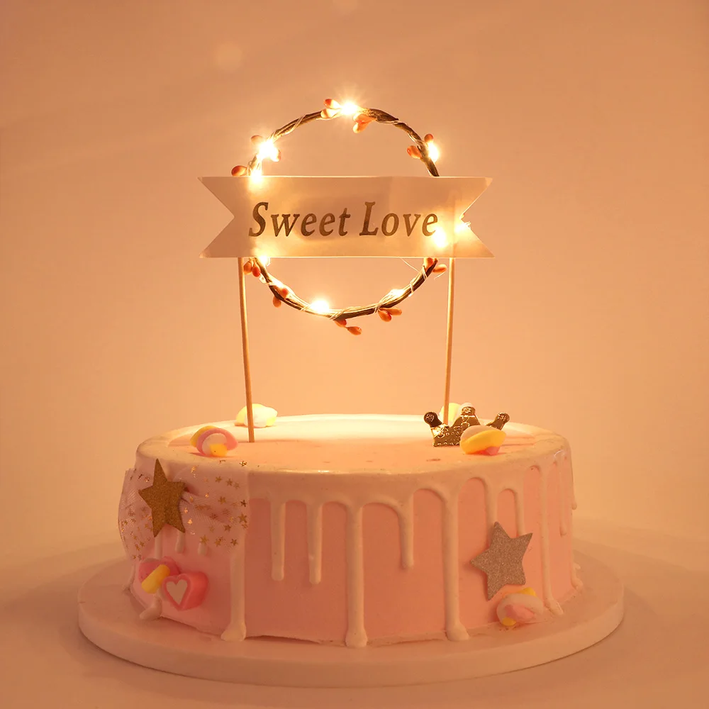 

Creative LED Flashing Flower Garland Wreath Cupcake Toppers Bunting Flags For Happy Birthday Party Cupcake Flags Wedding Decor