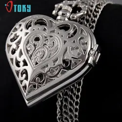 Новое поступление новые серебряные полые кварцевые карманные часы в форме сердца ожерелье кулон женский подарок Ян-05