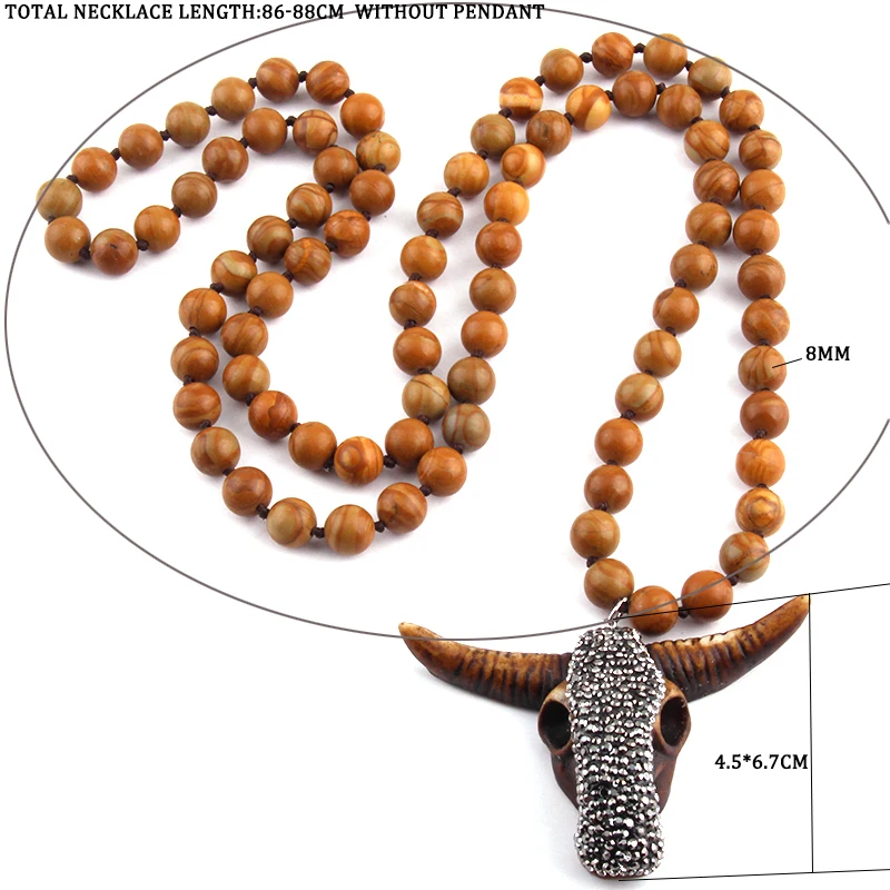 Women Necklace Fashion Long Knotted Stones Bohemian Tribal Jewelry Natural Stone Brown Skull Head Pendant Necklace