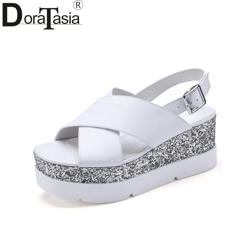 

Doratasia Large Size 34-42 Cow Genuine Leather Bling Decoration Platform Sandals Women Summer 2019 White Wedges Shoes Woman