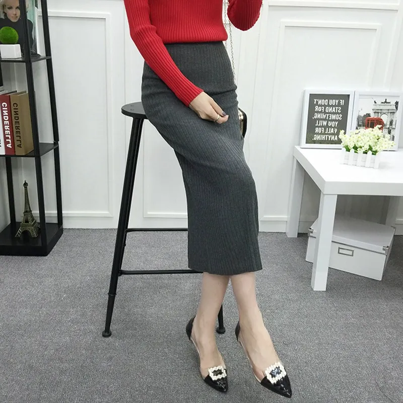 gray skirt women Длинная юбка-карандаш, женская тонкая трикотажная юбка с высокой талией, повседневные офисные юбки в деловом стиле, 7 цветов, раздельная вилка, SY1517 - Цвет: gray skirt women