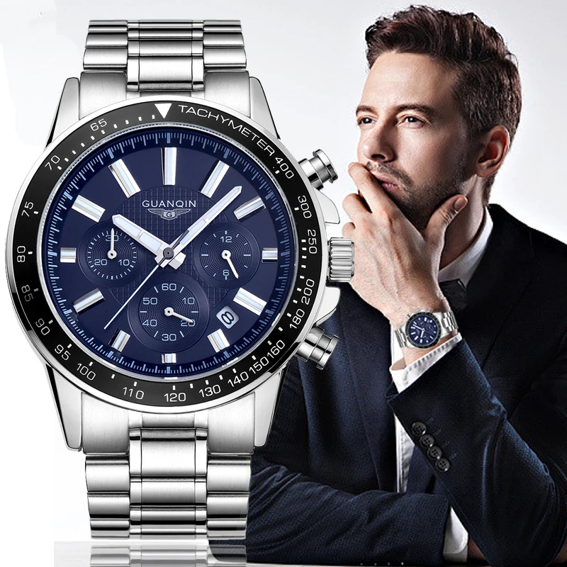

2019 Mens Watches Top Brand Luxury GUANQIN Business Stainless Steel Quartz Watch Men Sport Waterproof Clock relogio masculino
