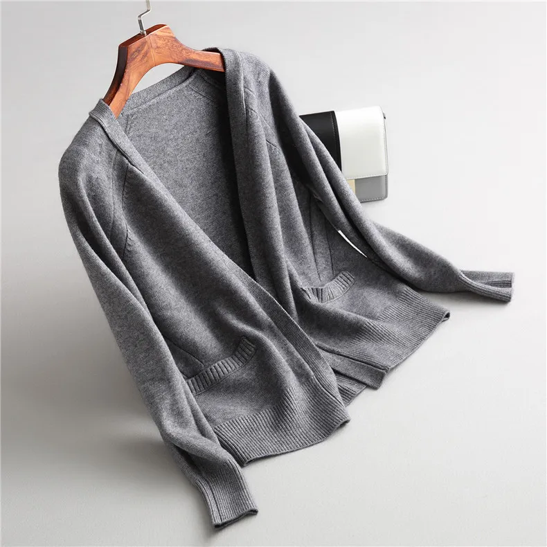 gray Вязаный женский кардиган Chaqueta Mujer свитер с карманами однотонный трикотаж осень зима свободный Sueter Mujer strickjacke hirka - Цвет: gray