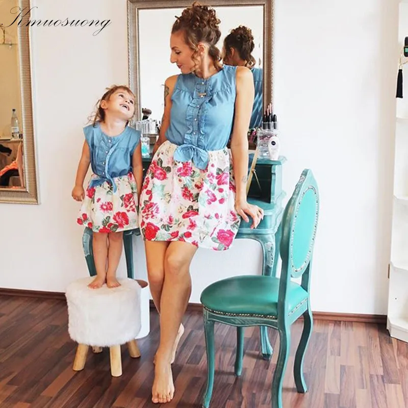 

Mother Daughter Dresses Patchwork Printed Sleeveless A-line Mini Dress Family Look Mother and Daughter Matching Outfits H0873