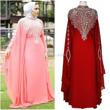 High Neck Long Sleeves Crystal Beaded Chiffon Dubai Kaftan Luxury Muslim Hijab Evening Dress Long Formal
