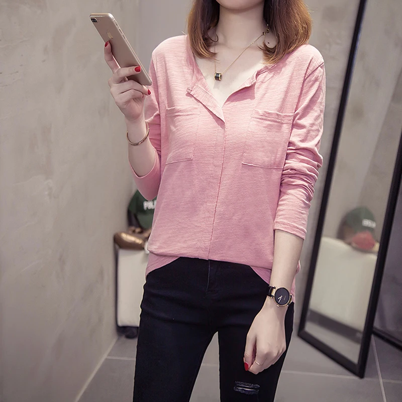 

Korean Style T Shirt Women Solid Color Pink Loose Pockets Cotton Basic Tshirt White All-match Black Long Sleeve Top Femme M-XXL
