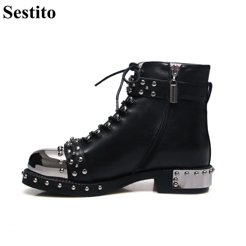 

New Black White Cross-tied Rivet Woman Boots Round Toe Low Heel Ankle Boots For Women Square Heel Zip Women Shoes Spring/Autumn