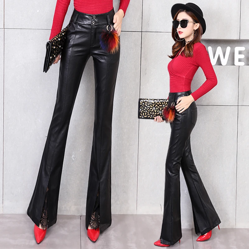 Leather Pants Female 2018 Autumn and Winter Micro Bell Bottom Pants High Waist Split Pu Pants Pantalones Mujer Cintura Alta
