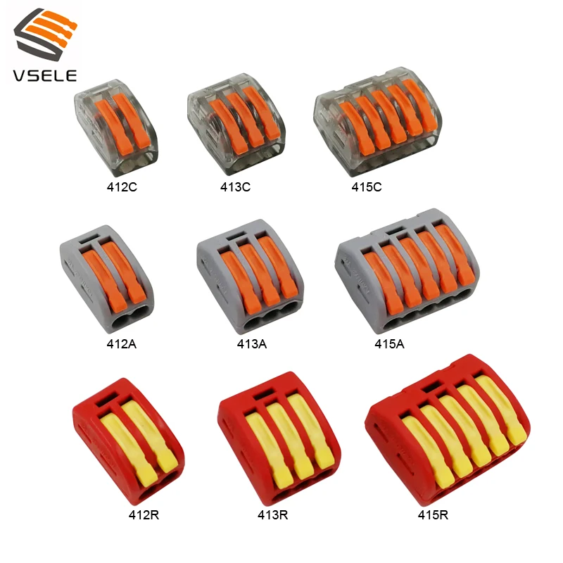 

VSE-412 413 415 connectors for fine-stranded and solid wires plug type spring clamping mini 222-412 413 415 terminal block