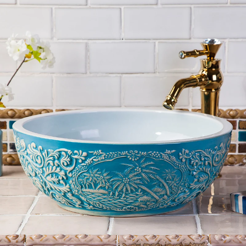 Europe Vintage Blue Ceramic Art Basin Sinks Counter Top Wash Basin Sinks Counter Top Wash