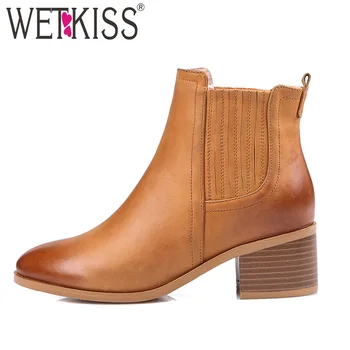 

WETKIS High Heels Ankle Boots Women Chelsea Boots Autumn 2018 Fashion High Neck Shoes Ladies Winter Short Plush Leather Footwear