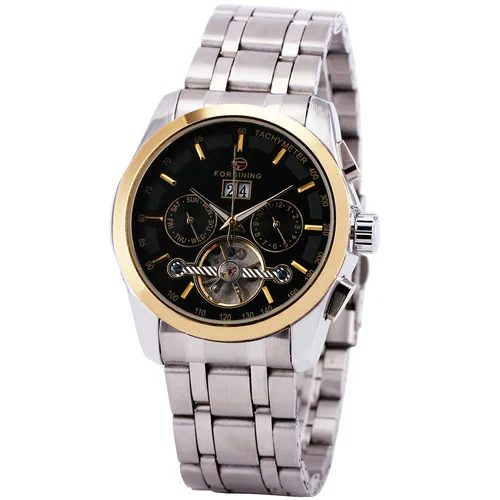 WINNER Men Automatic Mechanical Watch Date Calendar Skeleton Stainless-Steel Strap Tourbillon Sub-dial golden bezel montre homme winner men skeleton automatic mechanical watch leather strap sub dials supersize case date calendar box