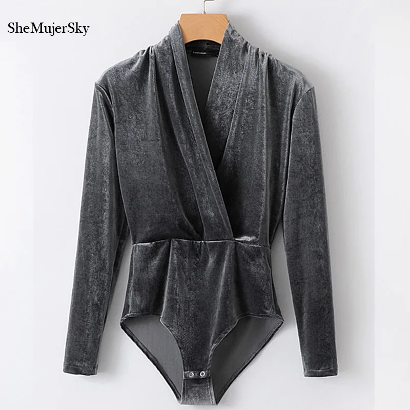 SheMujerSky الخريف القطيفة النساء داخلية مثير بذلة 2017 V الرقبة الجسم امرأة طويلة الأكمام وزرة المرأة دعوى