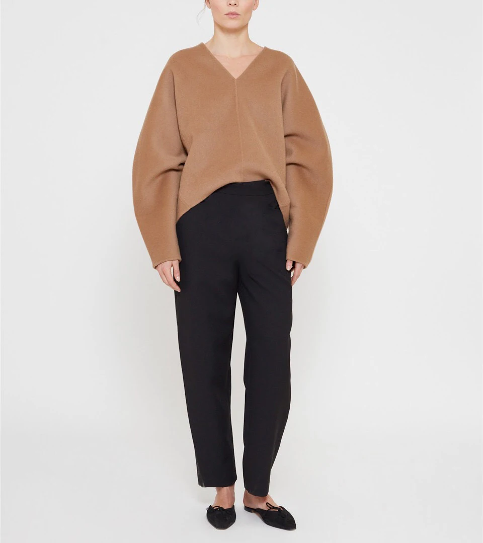 

Woman Wool Blend Rennes sweater Camel/Black V-neck Drop Shoulder Long wide sleeves Fashion Oversized Top