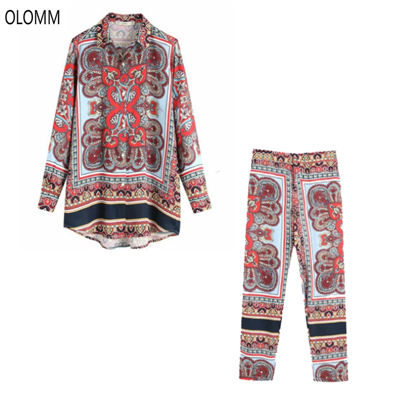 

Women's set 2019 summer new fashion women's two-piece casual print long thin shirt Slim high waist straight trousers