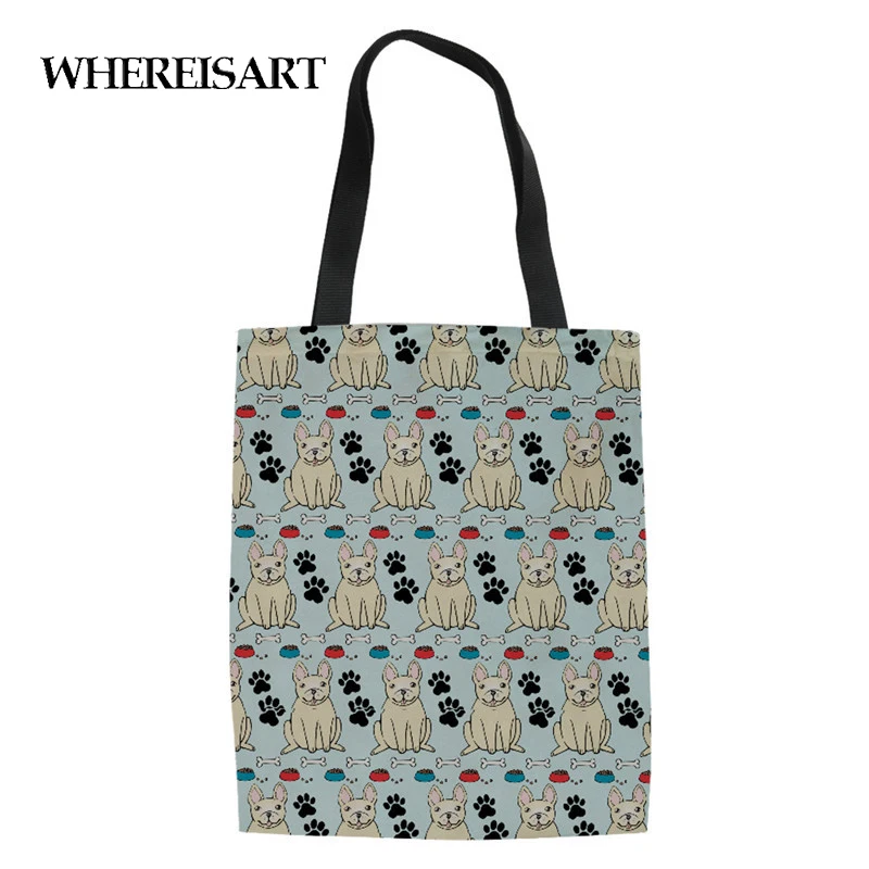 WHEREISART, с принтом "Французский Бульдог",, многоразовые сумки для продуктов, Холщовая Сумка для покупок, женские складные сумки, Студенческая сумка для девушек
