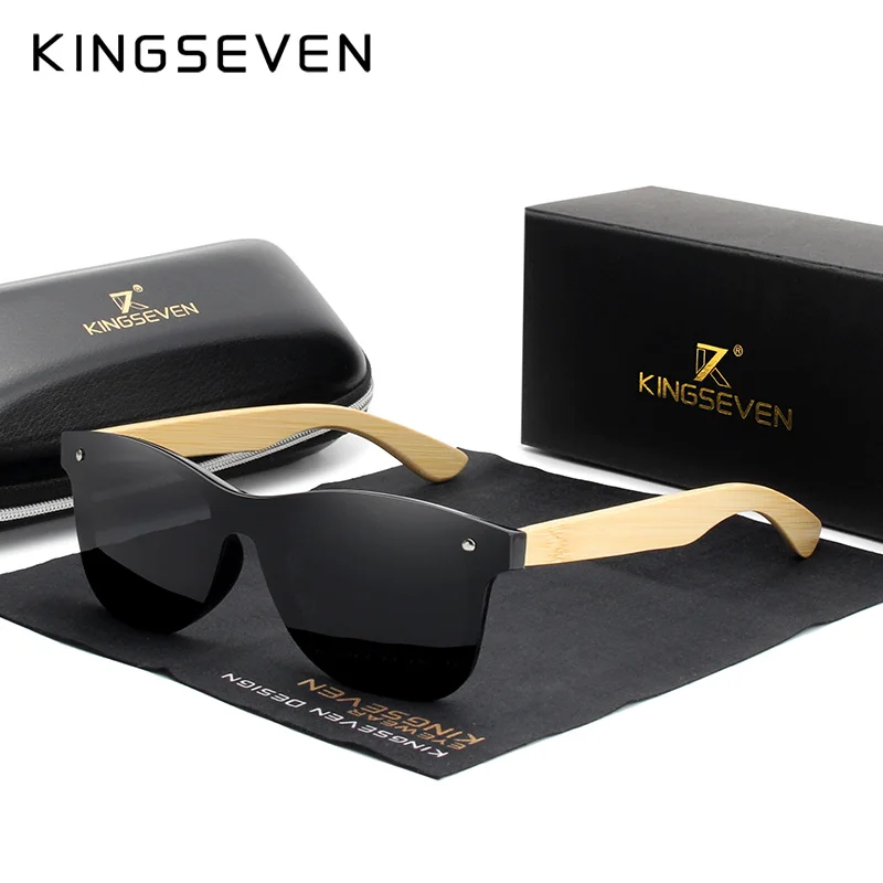 Beste KINGSEVEN 2019 Luxe Ontwerp Vintage Bamboe Houten Zonnebril Handgemaakte Gepolariseerde Spiegel Mode Brillen Glazen Houten Doos