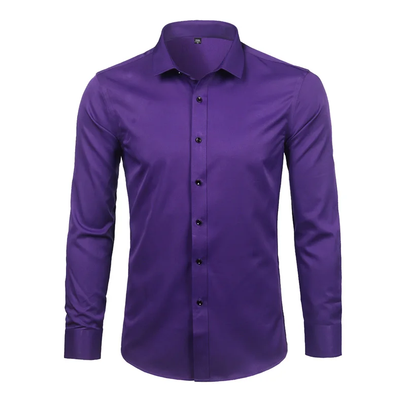 Мужские рубашки из бамбукового волокна, приталенная рубашка с длинным рукавом, новинка, повседневные эластичные Формальные Рубашки на пуговицах для деловых мужчин - Цвет: Dark Purple