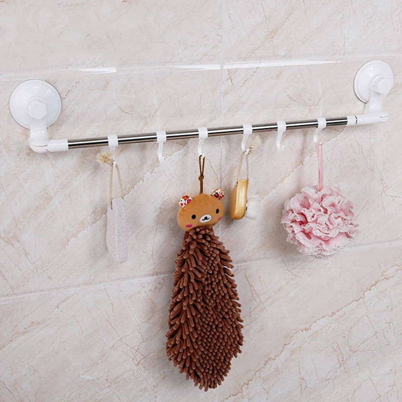 Suction Cup Towel Bar With Hooks Stainless Steel Wall Rod Rack Suction Cup Towel Bar With Hooks Stainless Steel Wall Rod Rack Rust Proof 180 Degree Rotate Home Kitchen Bathroom Storage Bars In From