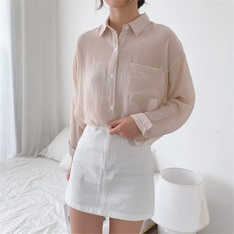 

HziriP 2019 Summer Sunscreen Light Full-Sleeved Elegant Women New Fashion Solid Sweet Casual Loose Pure Shirts Large Size