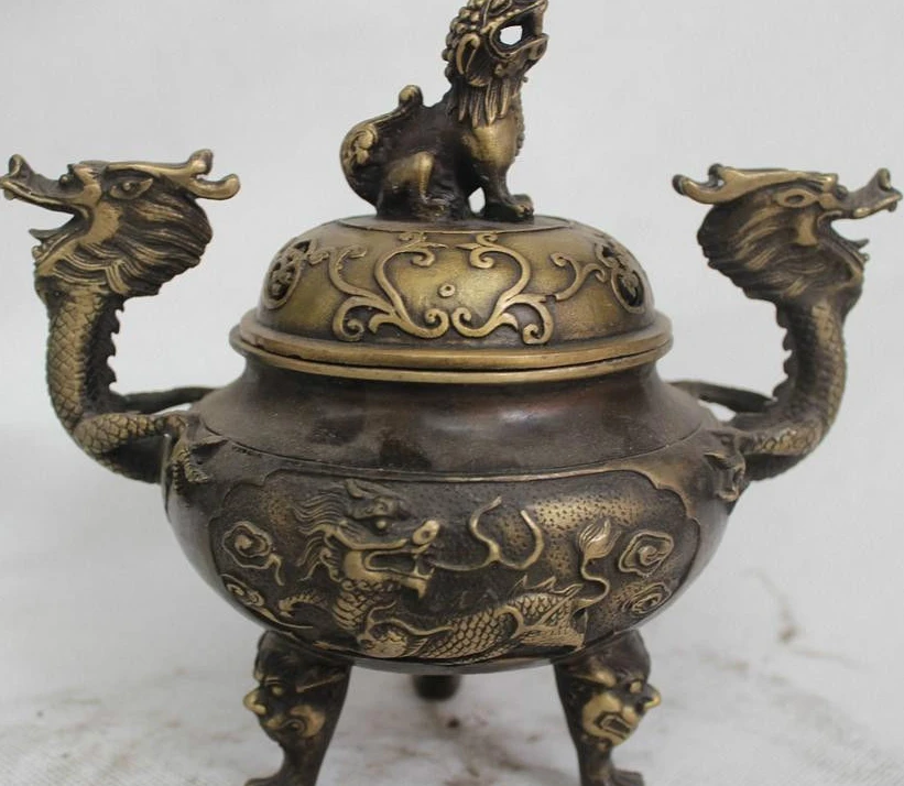 

6"Chinese China Bronze Lucky Lion Dragon Kylin Statue Incense Burner Censer
