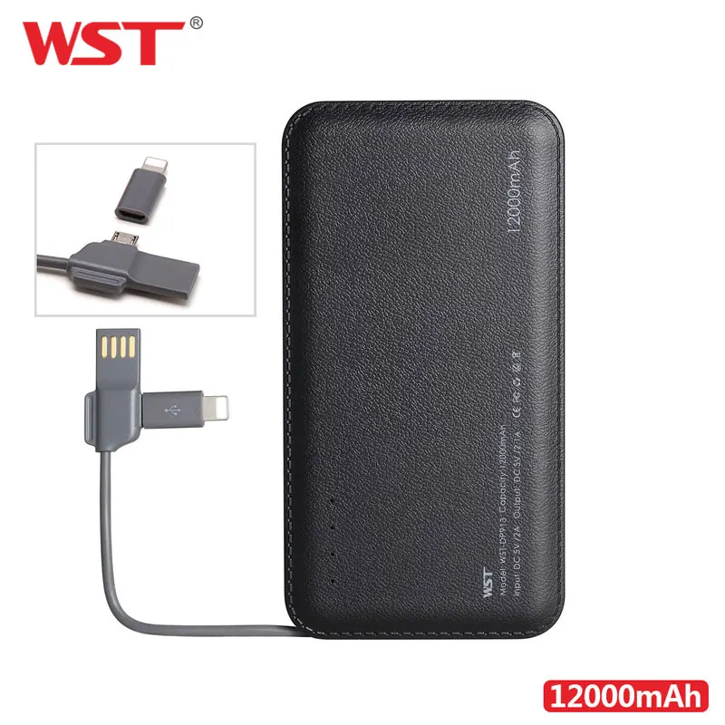 WST 12000mAh Power Bank Built-in Cable Portable Battery Charger for Android IOS Devices Li-Polymer Mobile Portable Battery Pack