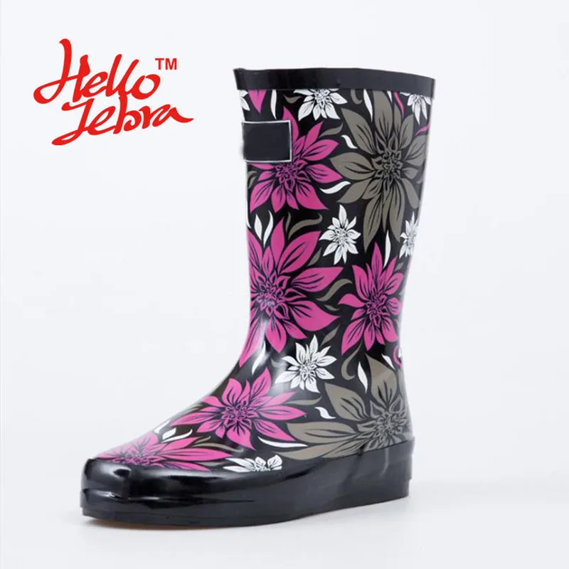 

Hellozebra Women Purple Rain Boots Printing Flower Lady Low Hoof Heels Mid Calf Slip Waterproof Round Toe Rainboots 2018 Fashion