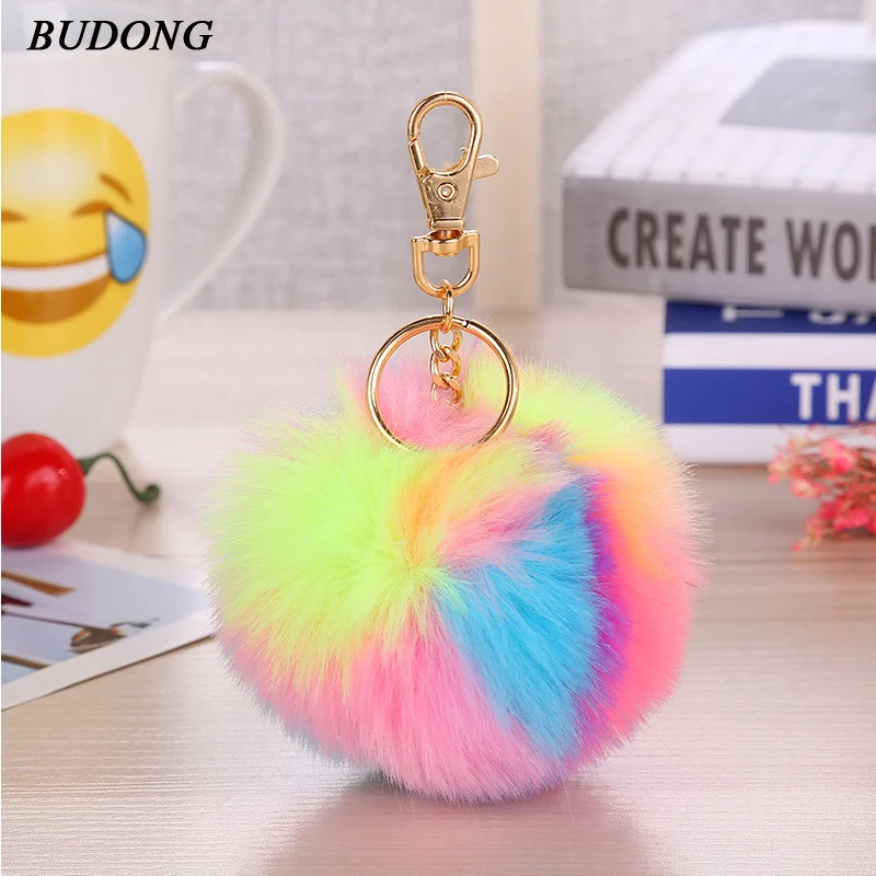 

BUDONG Cute Fluffy Ball Keychain Puff Fur Ball Key chains Pom pom Key Chain PomPom Keyring Charm Women Bag Pendant Gift