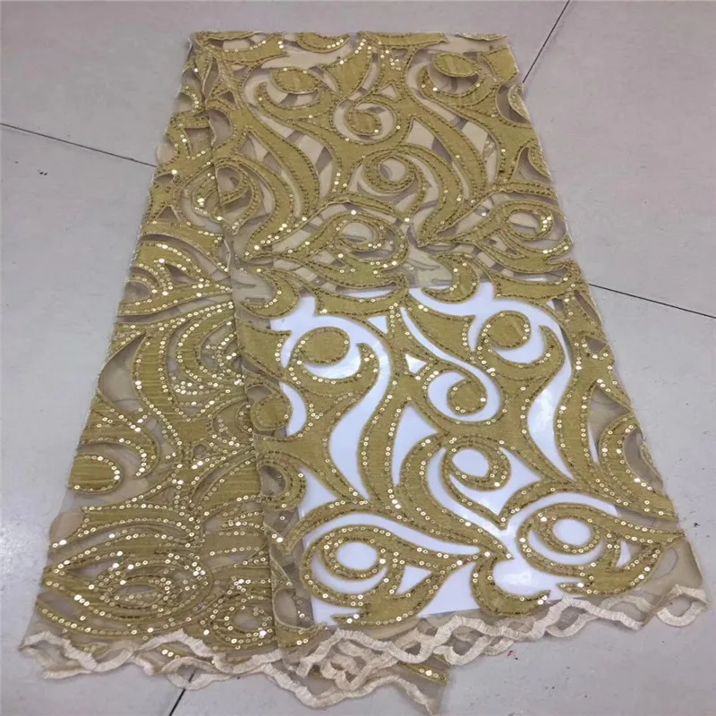 

Golden French Net Lace Fabric African French Lace Fabric With Glittering Sequins 100% Flannelette Laces For Wedding CDA50-2