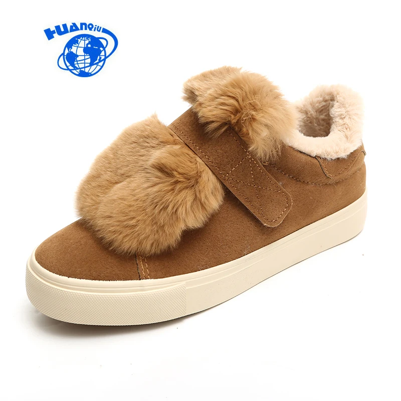 HUANQIU Women Furry Shoes Real Fur Winter Shoes for Female Flat Heel