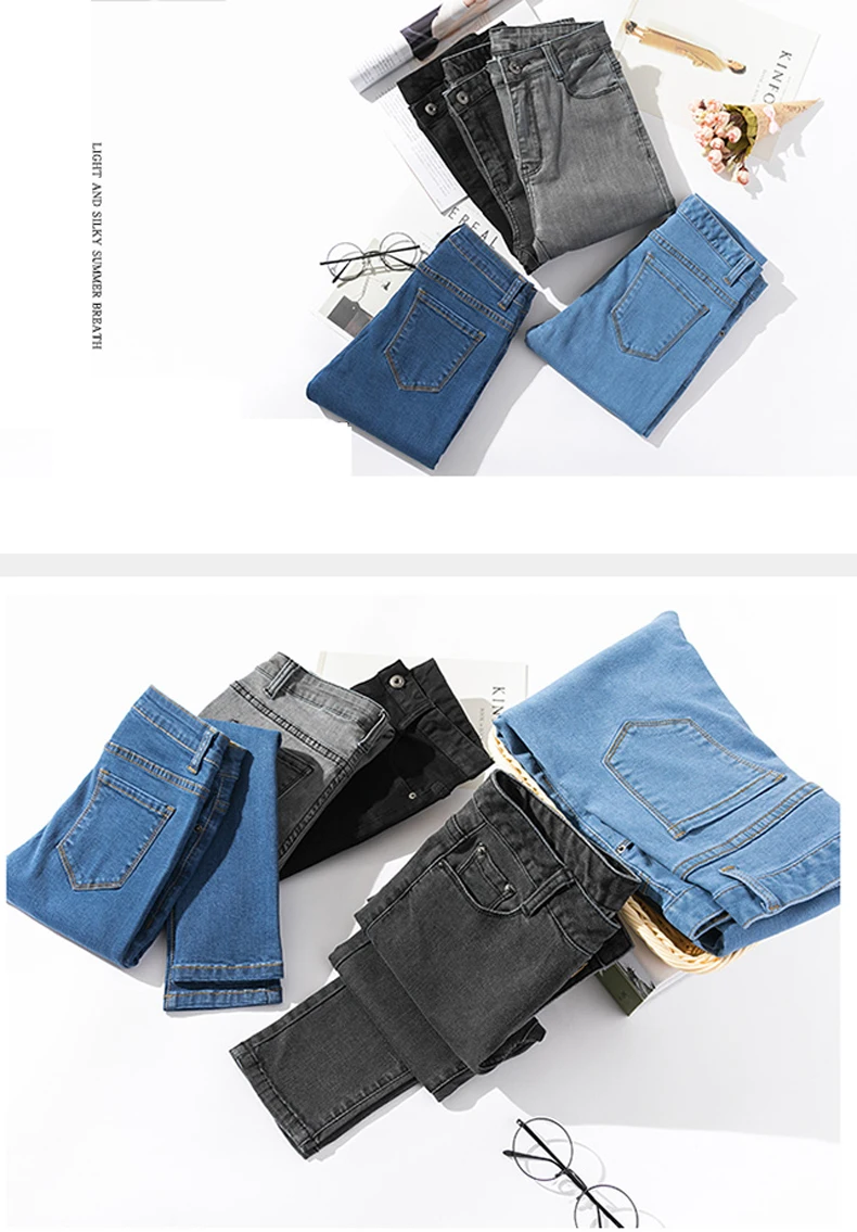 Талия высокая стрейч Для женщин синего джинсового цвета черные джинсы карандаш брюки лодыжки Длина Основные женские брюки Зауженные