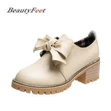 Beautyfeet Лук Узел плоским Обувь круглый носок Кружево-оксфорды на шнуровке Повседневная Женская обувь PU Кожаные броги женская обувь женские туфли Mujer
