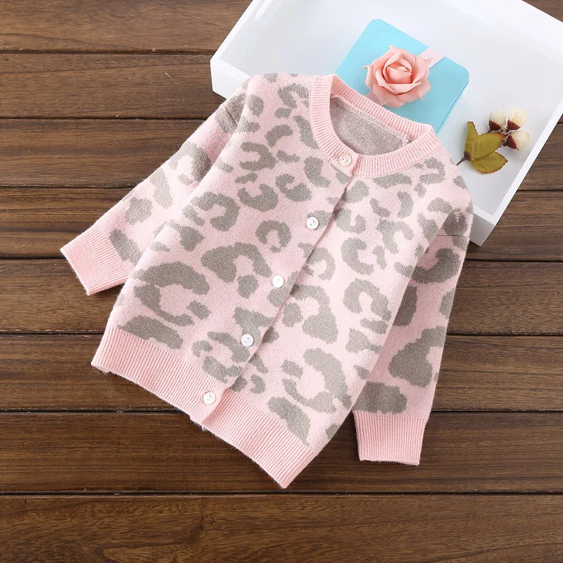 Весенние новые модные кардиганы, Свитера для девочек, одежда для детей 2-10 лет, Свитера с леопардовым принтом - Цвет: pink