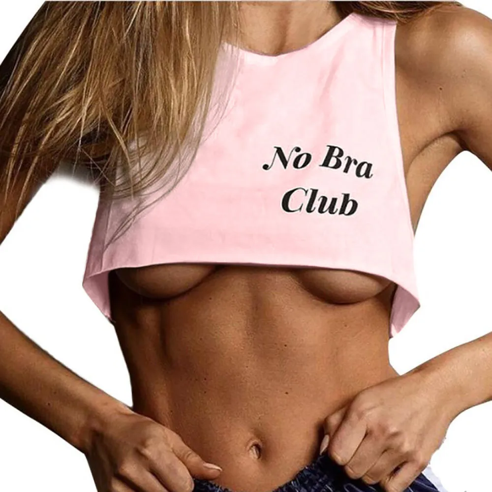 Womens No Bra Club Letter Print Vest Short Tank Tops